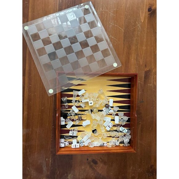 Clear And Frosted Chess Checkers and Backgammon Set In Wooden Box Glass Board - Picture 1 of 11